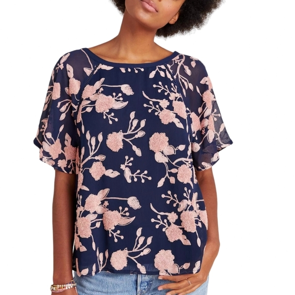 Maeve Tops - Maeve Franca Textured Blouse Floral Embroidered Blue Size S